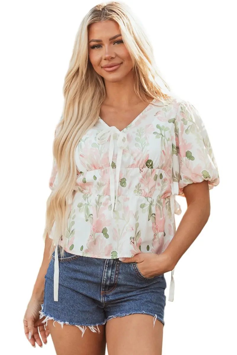 Pink Floral Puff Sleeve V Neck Tied Front Peplum Blouse - Love Salve